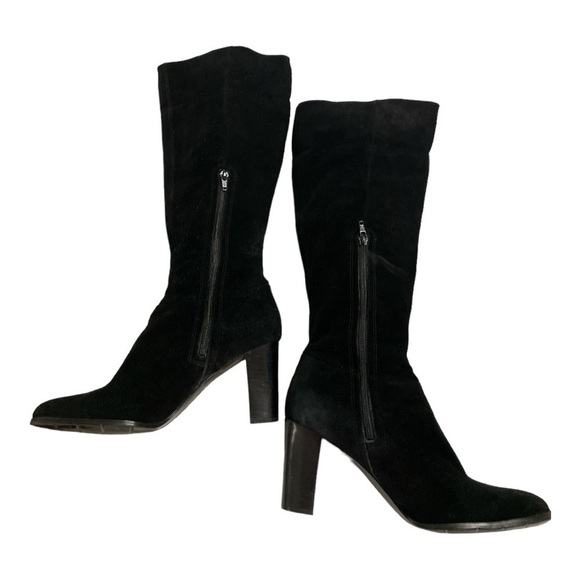 APOSTROPHE Black Suede Knee High Heel Zip Up Fold Over Cuff Style boots 3.5” - Picture 6 of 15